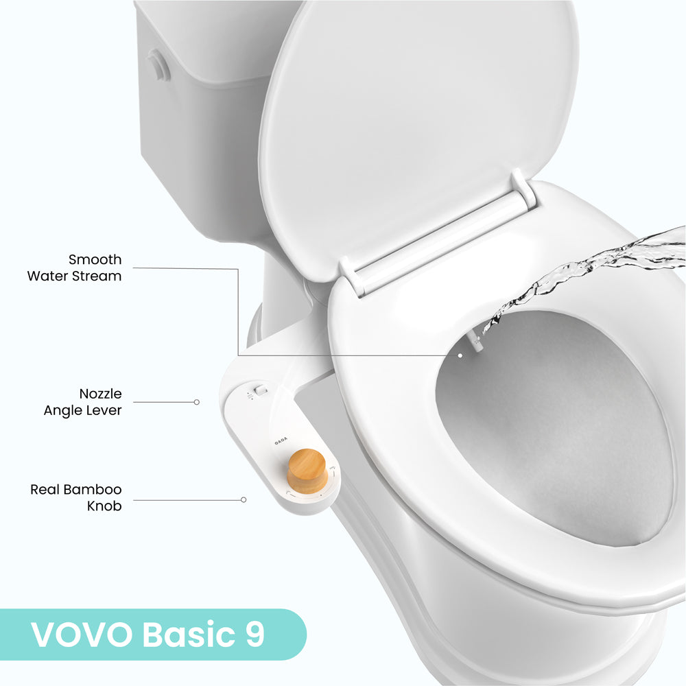 VOVO Basic 9, Real Bamboo Handle, Wash feature, Self-cleaning nozzle, Non-electric Bidet Attachment for Toilet Seat, Adjustable Water Pressure