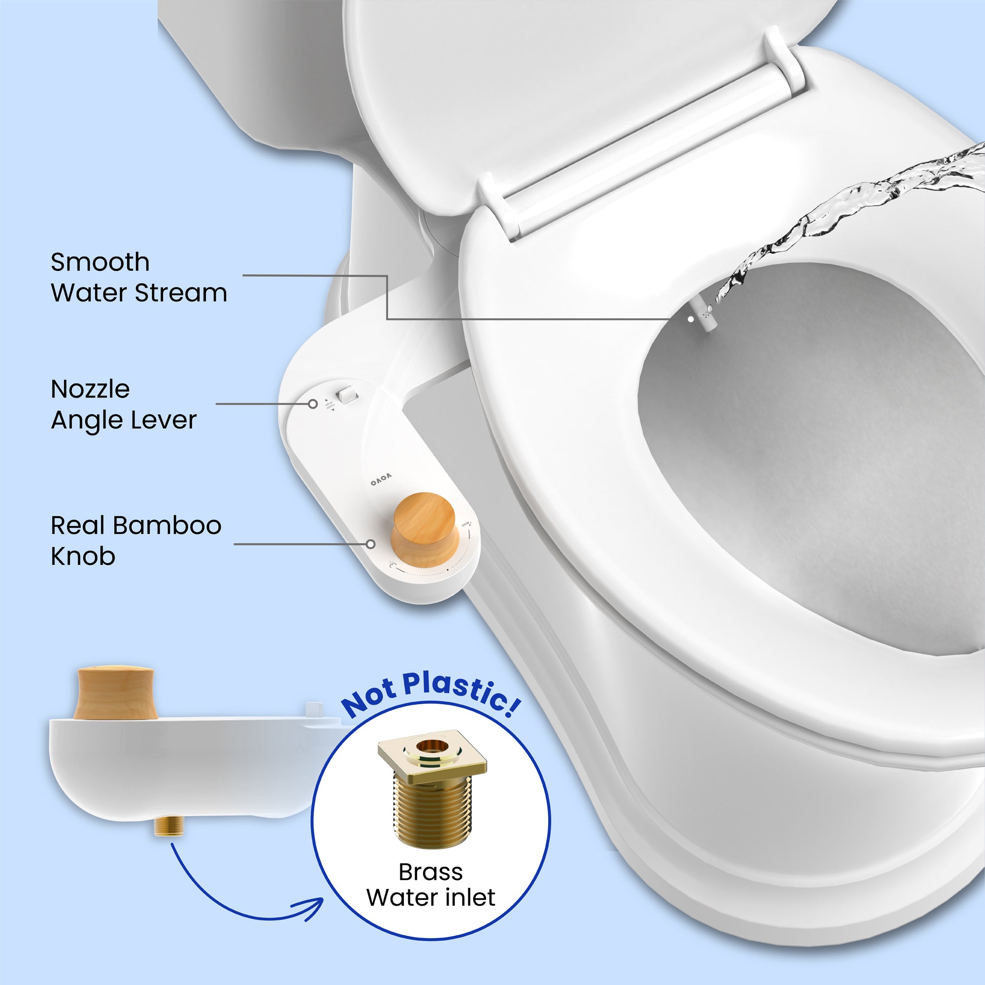 VOVO Basic 9, Real Bamboo Handle, Wash feature, Self-cleaning nozzle, Non-electric Bidet Attachment for Toilet Seat, Adjustable Water Pressure