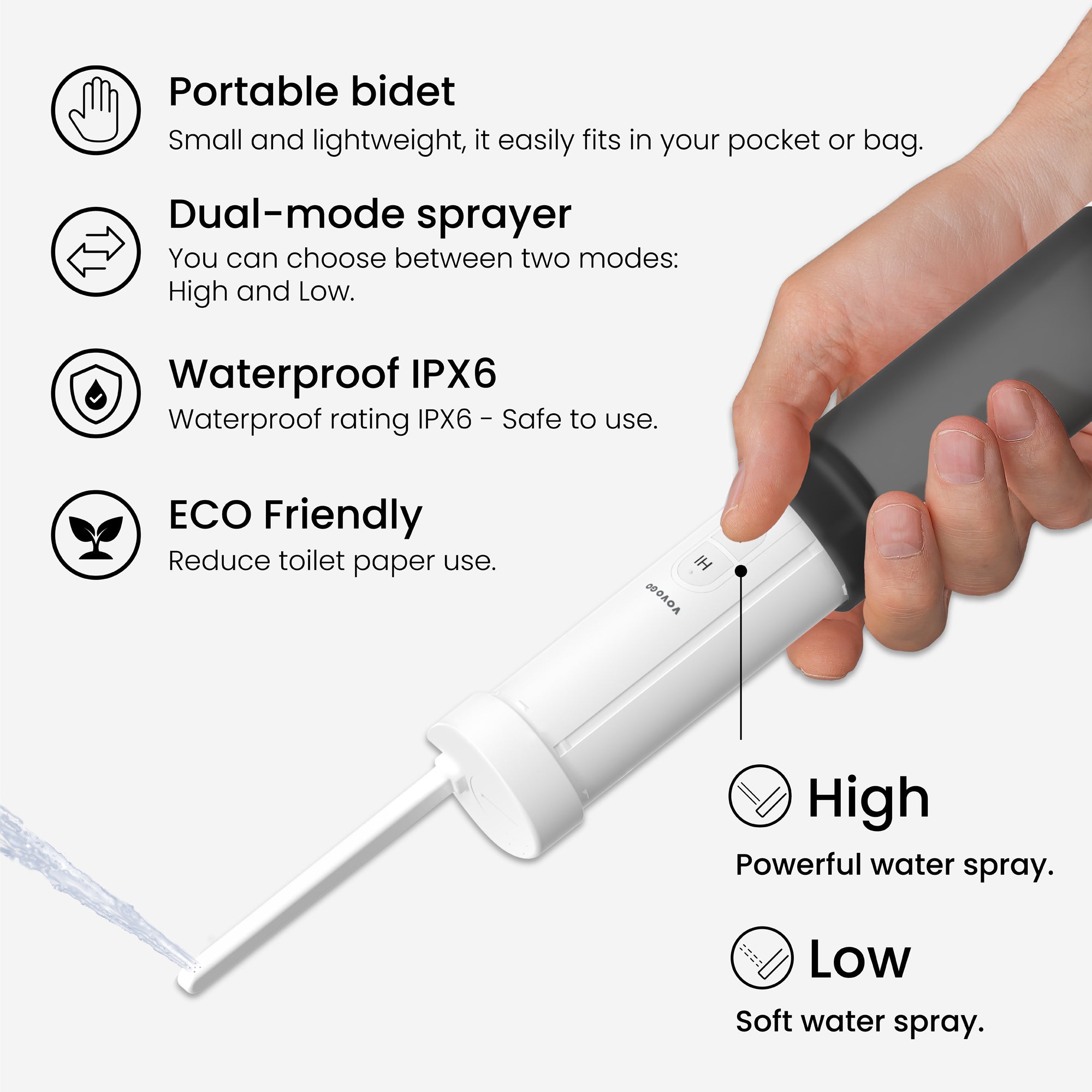 VOVO GO The Portable Bidet for outdoor, Dual sprays, Case included, Enhance Personal Hygiene, Pearl Black