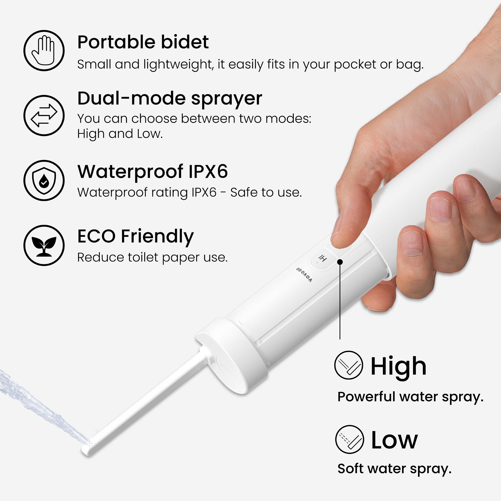 VOVO GO The Portable Bidet for outdoor, Dual sprays, Case included, Enhance Personal Hygiene, White