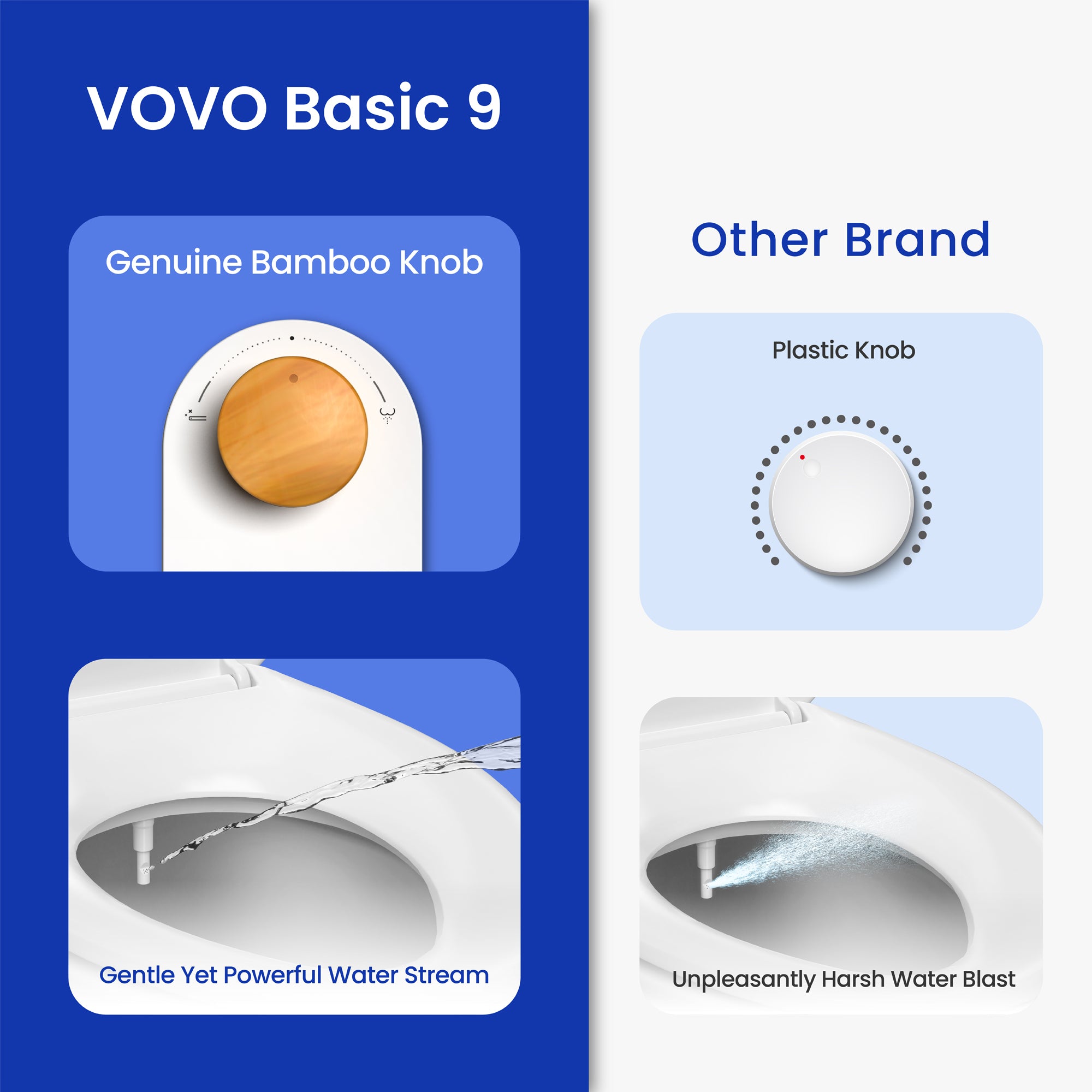 VOVO Basic 9, Real Bamboo Handle, Wash feature, Self-cleaning nozzle, Non-electric Bidet Attachment for Toilet Seat, Adjustable Water Pressure